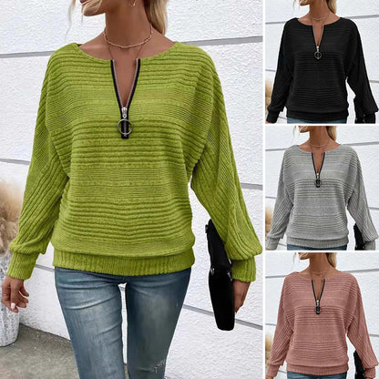 【S-2XL】💯Női csíkos, hosszú ujjú, félcipzáras felső