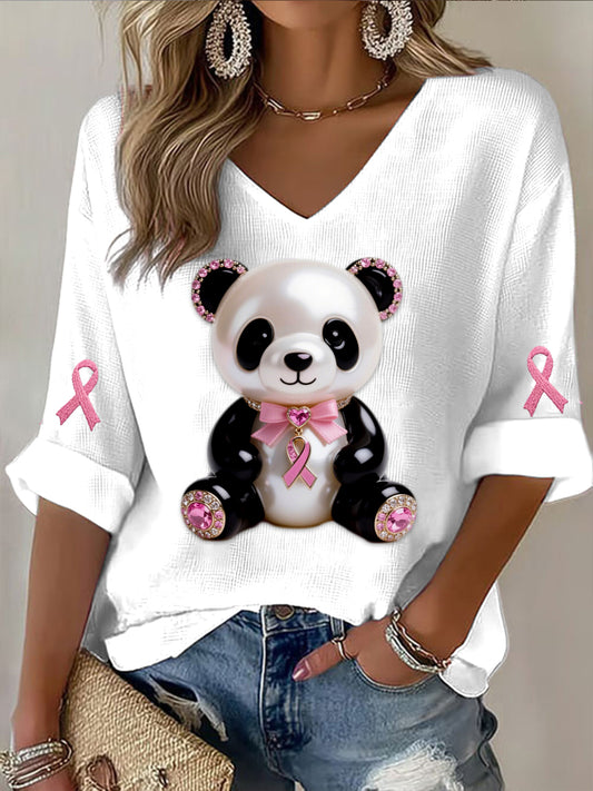 Retro mellrák gyöngy gyémánt aranyos panda nyomtatás alkalmi pamut goffle hosszú ujjú póló