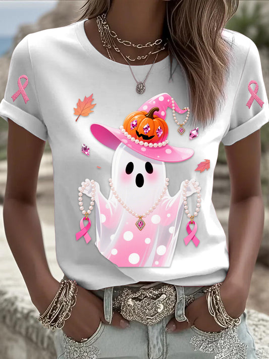 Retro mellrák gyöngy halloween szellem nyomtatás kényelmes alkalmi pamut rövid ujjú póló
