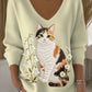 Női aranyos macska hímzett v-nyak pulóver