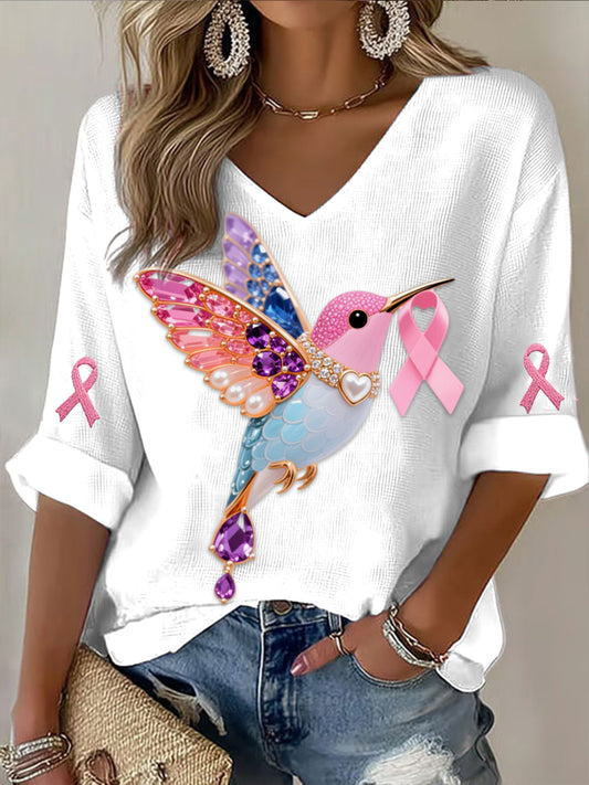 Retro mellrák pearl diamond multicolor hummingbird absztrakt nyomtatás alkalmi pamut goffle hosszú ujjú póló