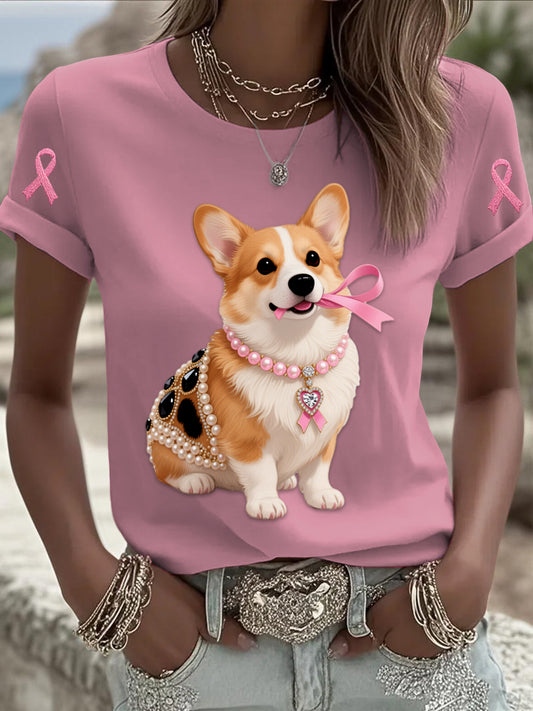 Retro mell rák gyöngy ékszerek corgi kölyök nyomtatás kényelmes alkalmi pamut rövid ujjú póló