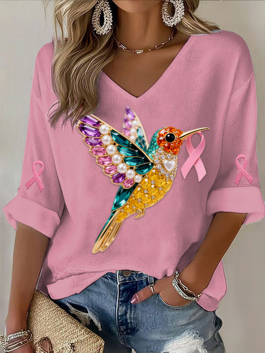 Retro mellrák pearl diamond multicolor hummingbird absztrakt nyomtatás alkalmi pamut goffle hosszú ujjú póló