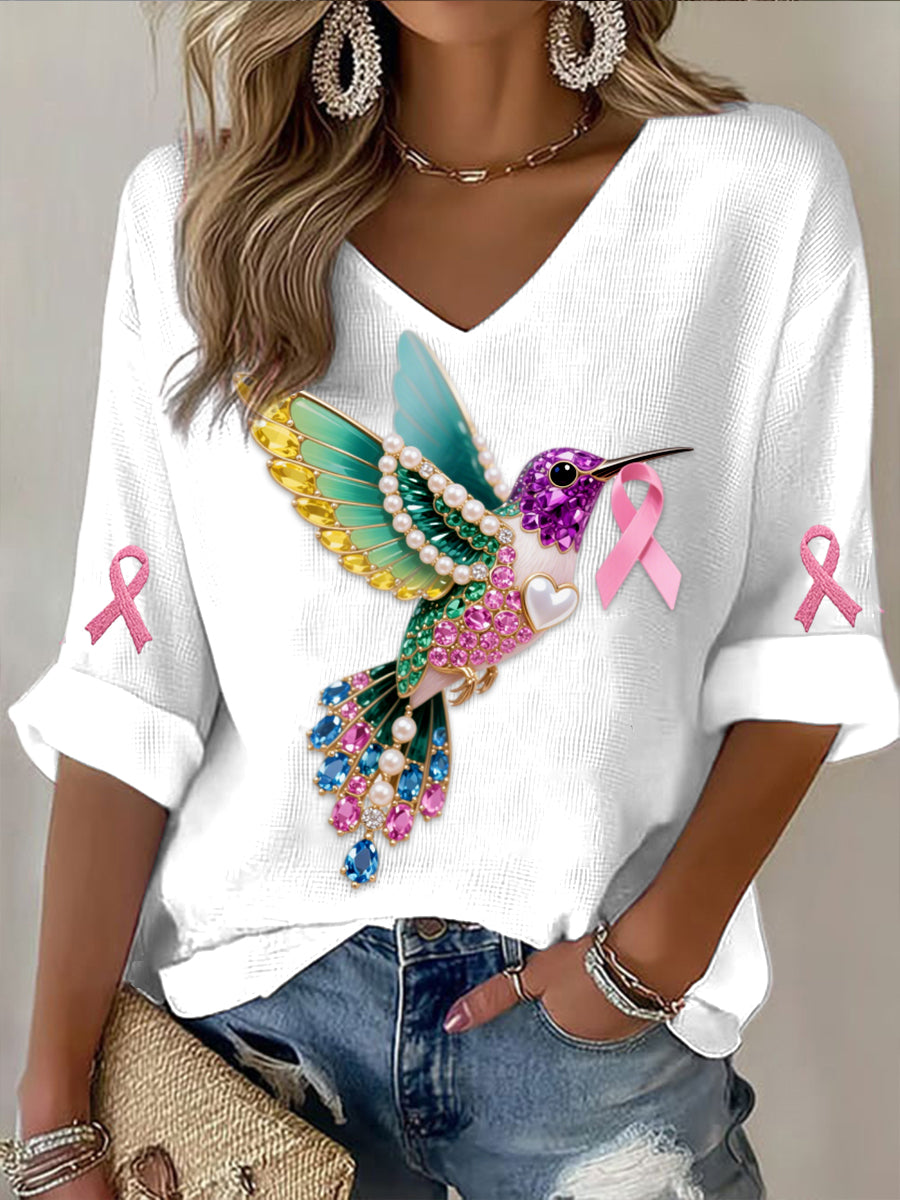 Retro mellrák pearl diamond multicolor hummingbird absztrakt nyomtatás alkalmi pamut goffle hosszú ujjú póló