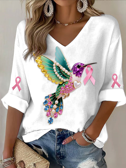 Retro mellrák pearl diamond multicolor hummingbird absztrakt nyomtatás alkalmi pamut goffle hosszú ujjú póló