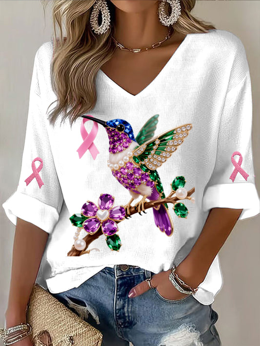 Retro mellrák pearl diamond multicolor hummingbird absztrakt nyomtatás alkalmi pamut goffle hosszú ujjú póló