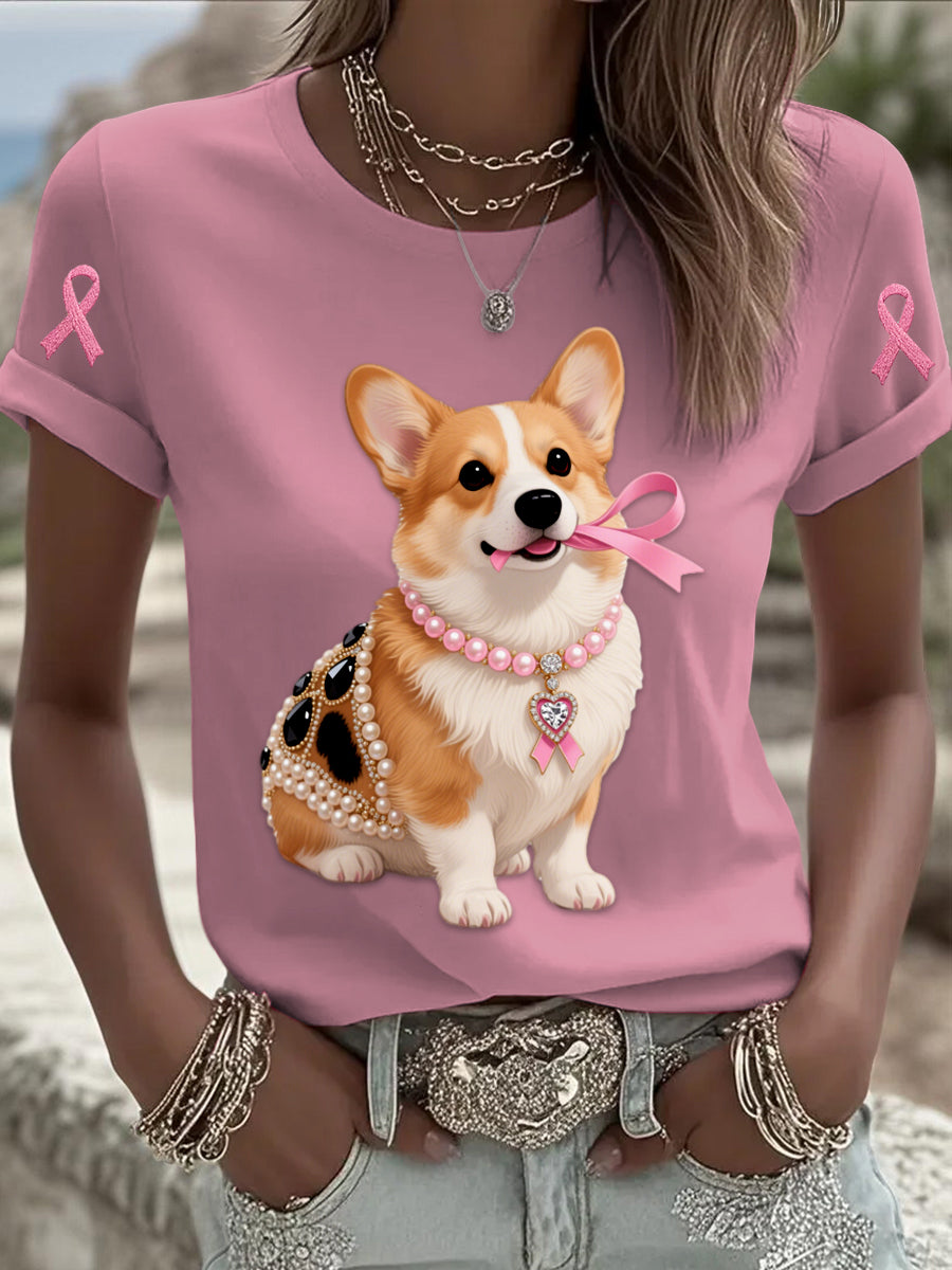 Retro mell rák gyöngy ékszerek corgi kölyök nyomtatás kényelmes alkalmi pamut rövid ujjú póló