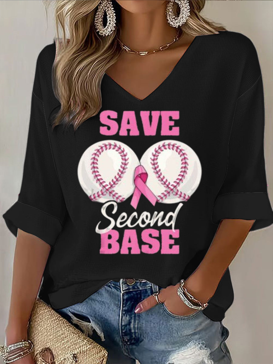 Női egyszerű baseball minta mellrák megelőzés stílus fekete alkalmi v-nyak hosszú ujjú