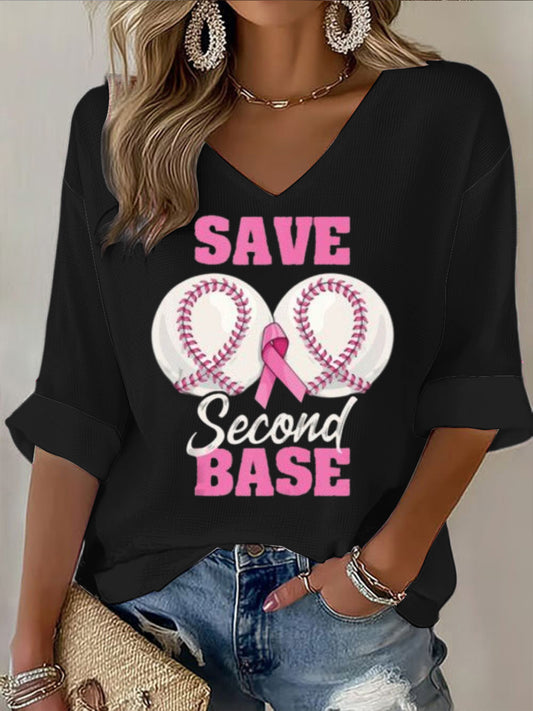 Női egyszerű baseball minta mellrák megelőzés stílus fekete alkalmi v-nyak hosszú ujjú