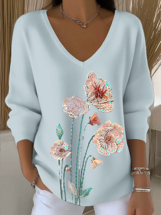Női vintage sequin virágos art v-nyak felső