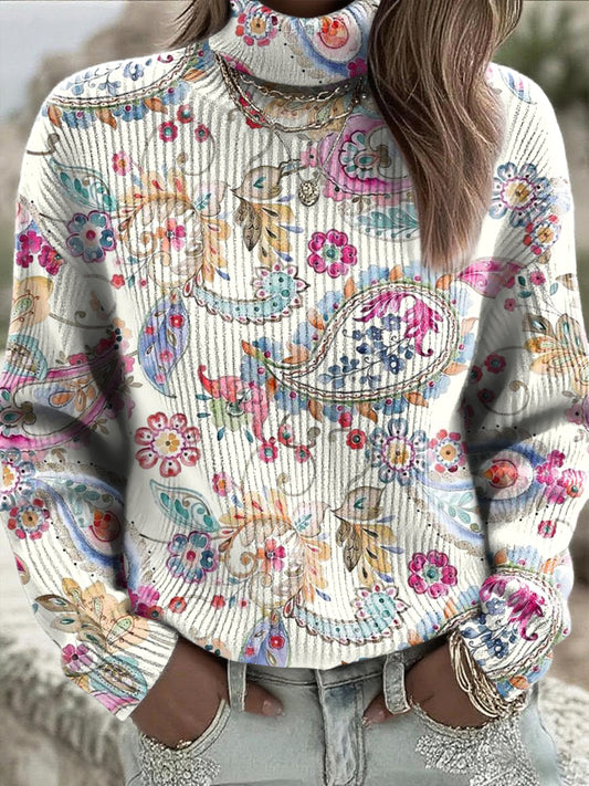 Női vintage paisley virág art magas nyak pulóver