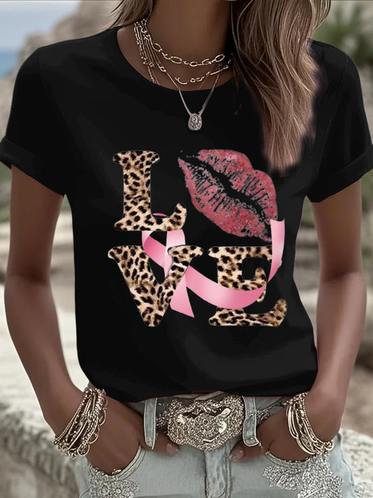 Női minimalista leopard nyomtatás szlogen rózsaszín szalag stílus fekete alkalmi kerek nyak póló