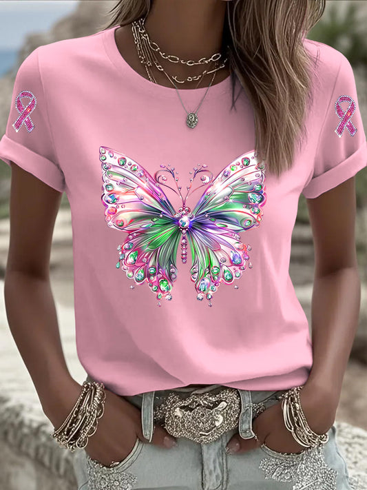 Női rózsaszín pillangó rhinestone alkalmi póló