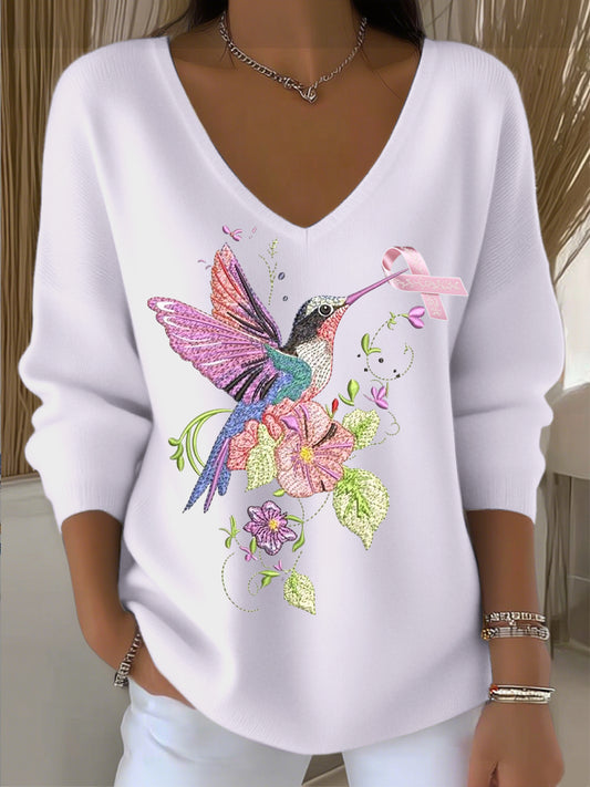 Női egyszerű és elegáns világos lila virágos és kolibri hímzett v-nyak pulóver