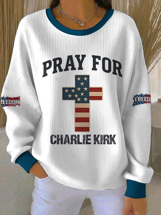 Női imádkozz charlie kirk freedom nyomtatott kerek nyak hosszú ujjú pulóver