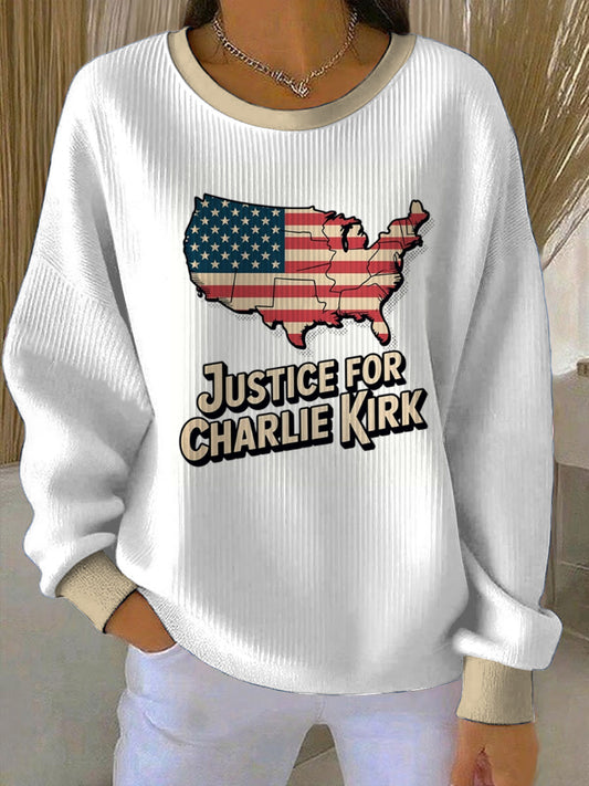 Női charlie kirk öblített kerek nyak hosszú ujjú pulóver
