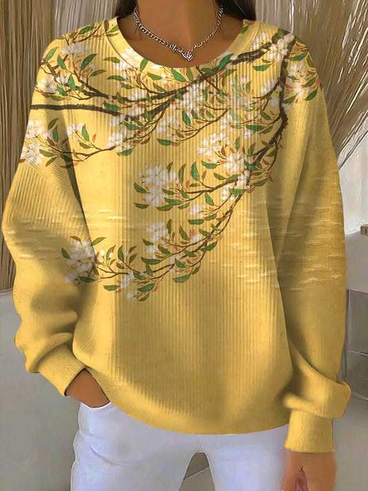Női absztrakt virágos nyomtatás alkalmi crewneck pulóver