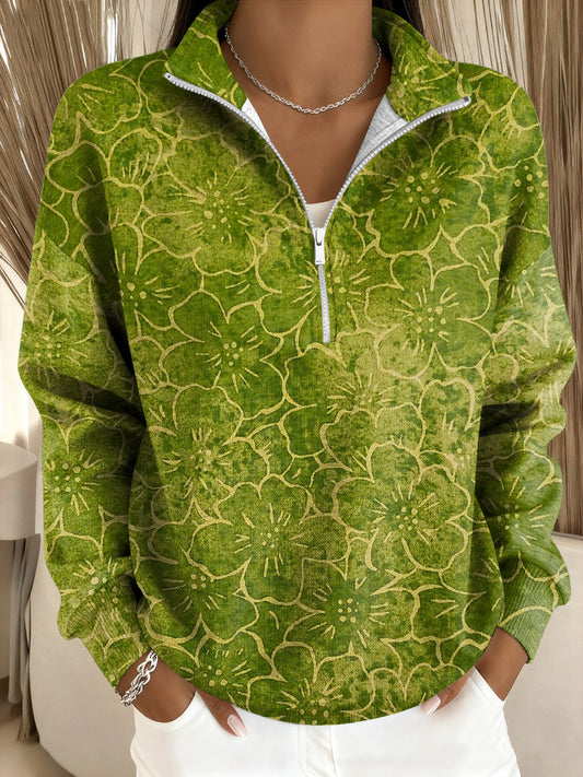 Női vintage absztrakt virágos művészet zip-up pulóver