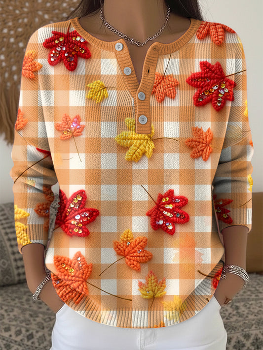 Női hálaadás houndstooth juhar levél art v-nyak felső