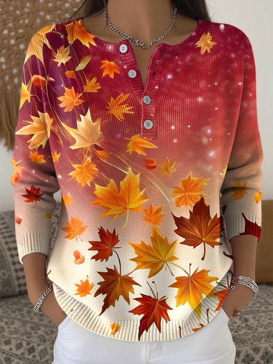 Női hálaadás gradient juhar levél art v-nyak felső