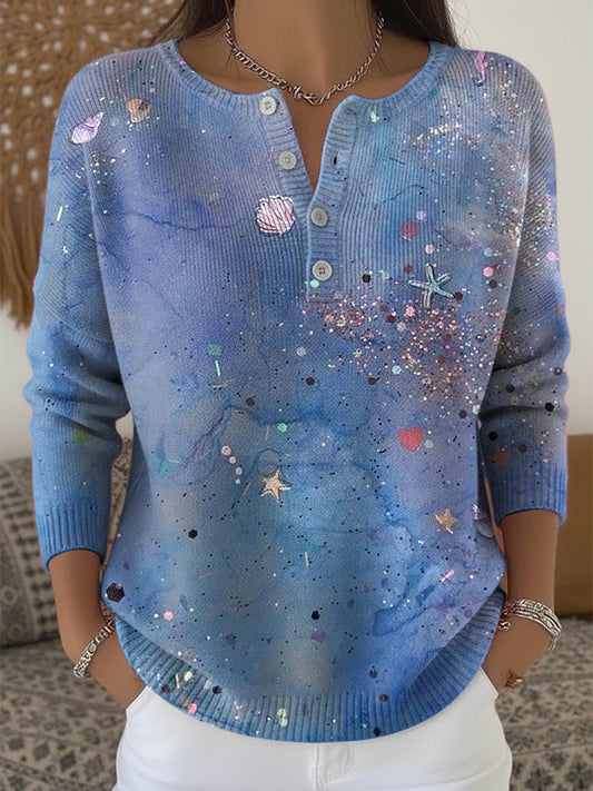 Női vintage óceán ihlette texturált v-nyak felső