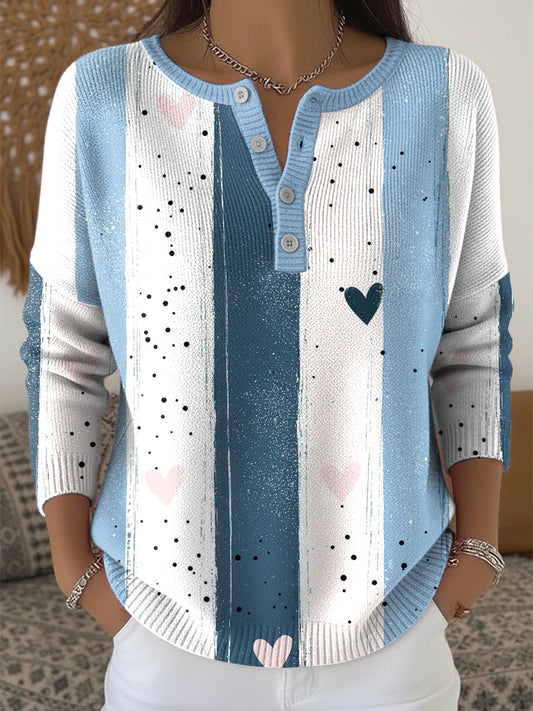 Női vintage absztrakt csíkos szív-nyomtatás v-nyak felső