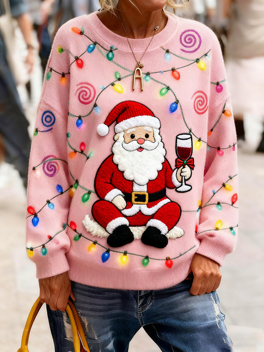 Női vintage karácsonyi művészet nyomtatás hangulatos kötött pulóver