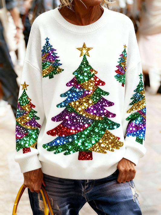 Női vintage karácsonyi művészet nyomtatás hangulatos kötött pulóver