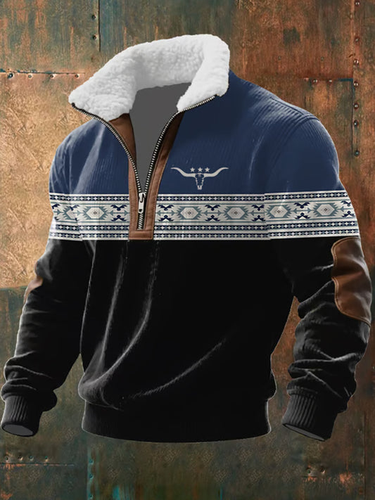 Férfi retro western art print alkalmi cipzár bunda nyakörv pulóver