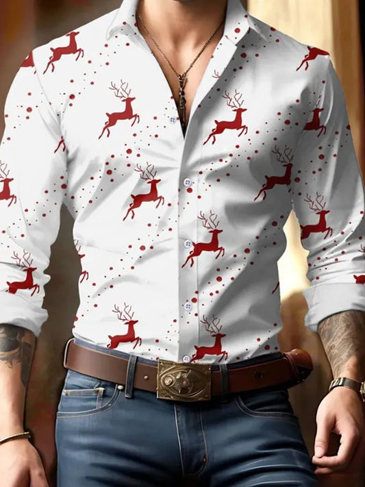 Férfi retro karácsonyi stílus hosszú ujjú alkalmi ing