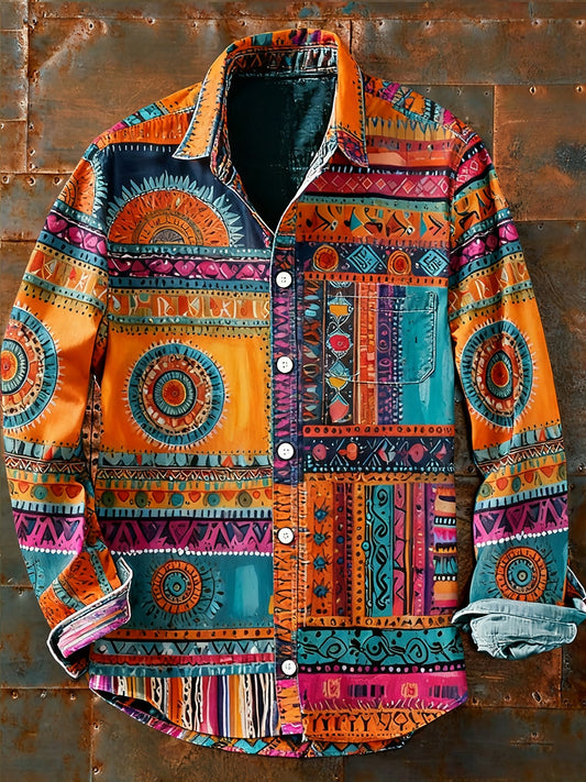 Férfi retro absztrakt művészet nyomtatás alkalmi hosszú ujjú ing