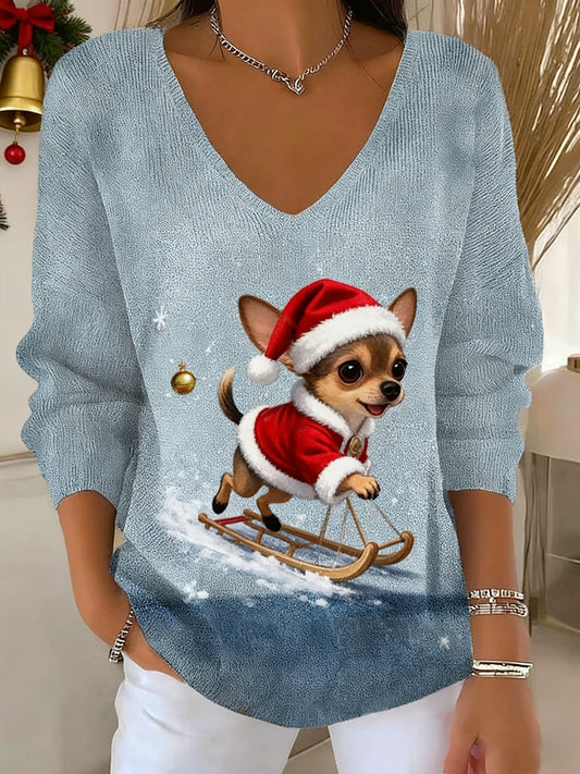 Női vintage karácsonyi állat nyomtatás alkalmi hosszú ujjú top