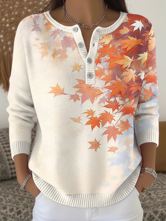 Női juharlevél klasszikus hálaadás henley nyak pulóver