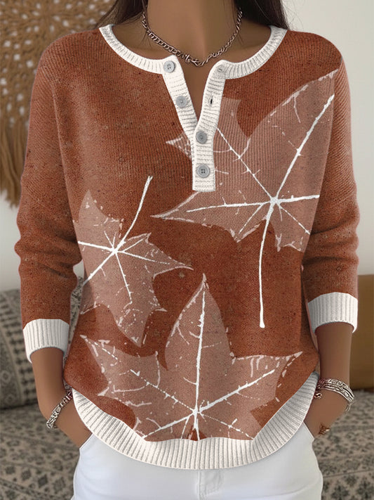 Női gesztenye juhar levél hálaadás henley nyak pulóver