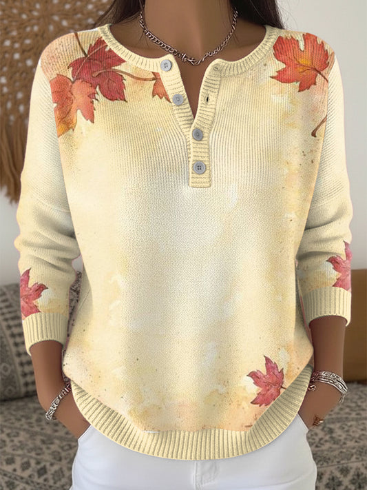 Női juharlevél minimalista hálaadás henley nyak pulóver