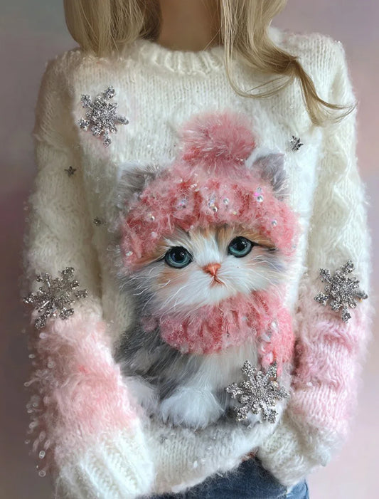 Női vintage karácsonyi művészet nyomtatás hangulatos pulóver