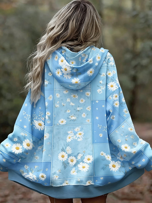 Női vintage virágos patchwork art nyomtatás kényelmes alkalmi hoodie