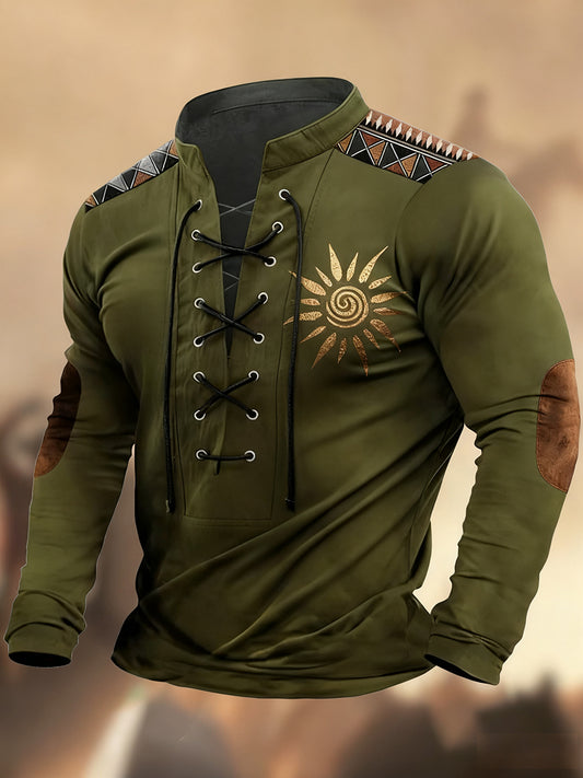 Évjárat nyugati művészet nyomtatás ország stílus v-nyak henley hosszú ujjú ing