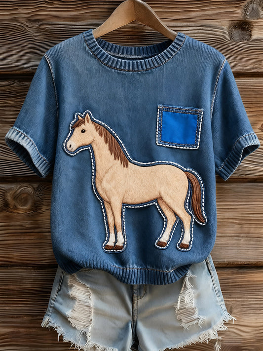 Női művészi állat nyomtatás kényelmes kötött rövid ujjú felső