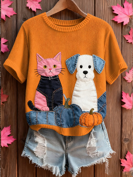 Női művészi állat nyomtatás kényelmes kötött rövid ujjú felső