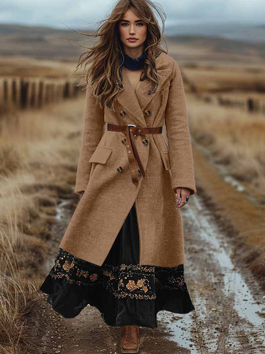 Női retro bohém kétmellű őszi és téli gyapjú kabát