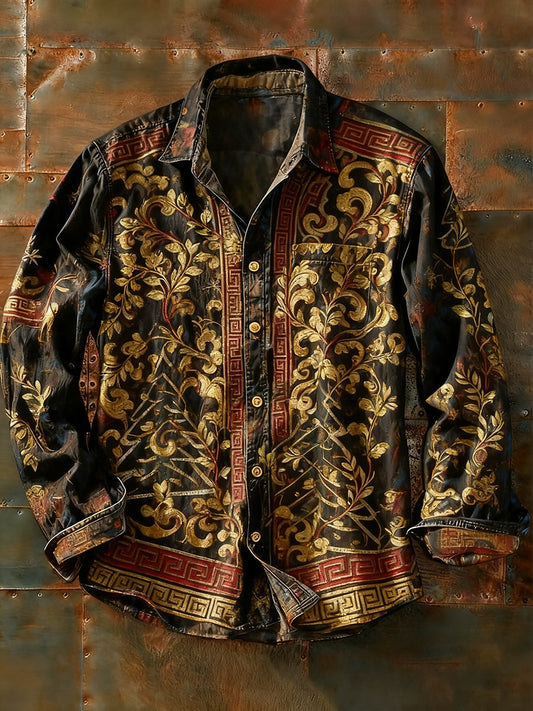 Férfi retro absztrakt művészet nyomtatás alkalmi hosszú ujjú ing