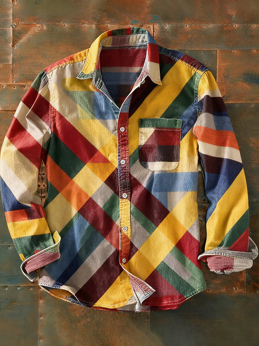 Férfi retro absztrakt művészet nyomtatás alkalmi hosszú ujjú ing