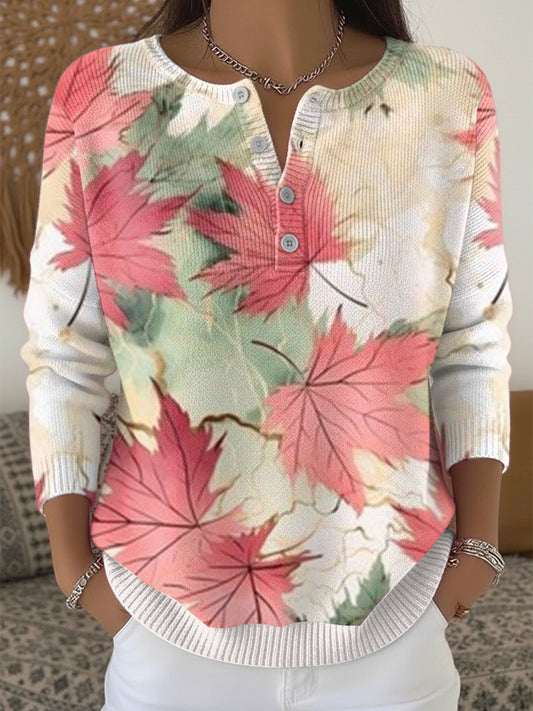 Női friss juharlevél hálaadás henley nyak pulóver