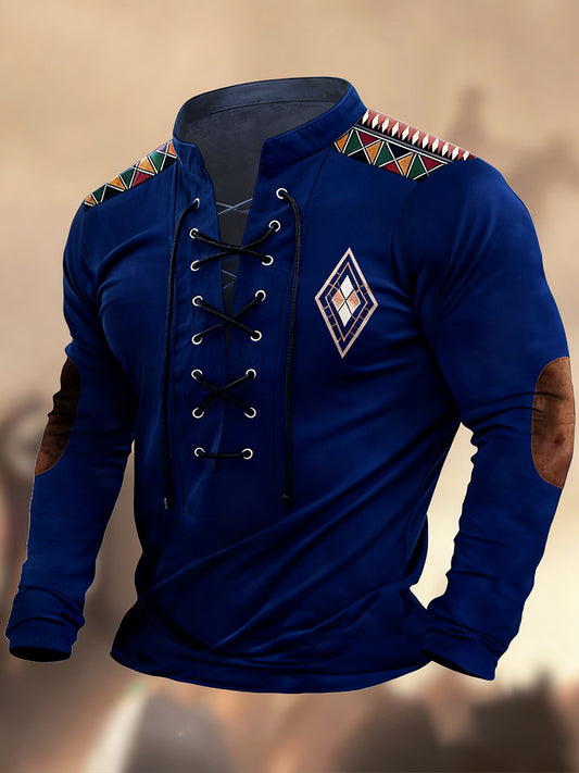 Évjárat nyugati művészet nyomtatás ország stílus v-nyak henley hosszú ujjú ing