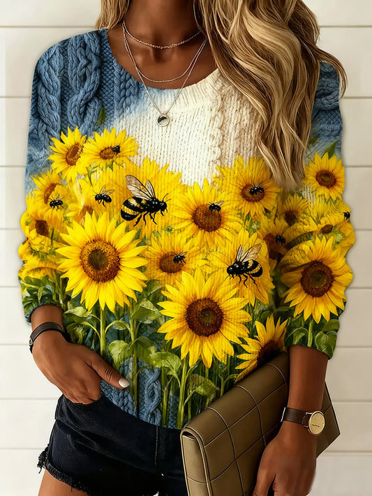 Női vintage virág művészet nyomtatás alkalmi kényelem pulóver