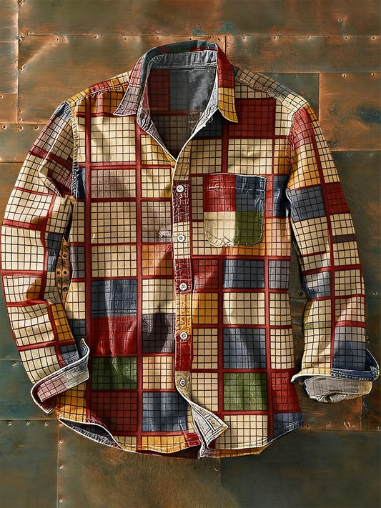 Férfi retro absztrakt művészet nyomtatás alkalmi hosszú ujjú ing