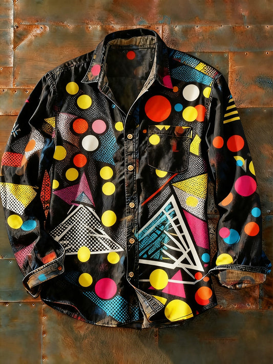 Férfi retro absztrakt művészet nyomtatás alkalmi hosszú ujjú ing