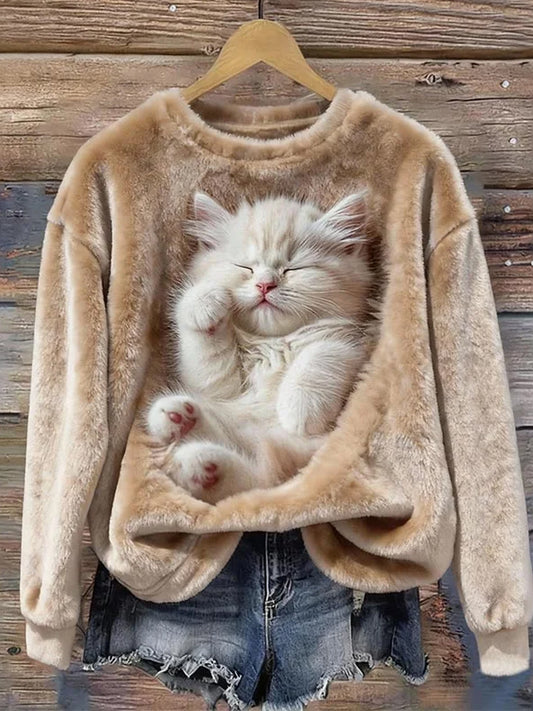 Női retro állat művészet nyomtatás kényelmes flanel pulóver