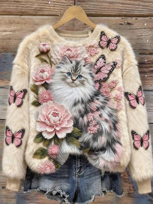 Női retro állat művészet nyomtatás kényelmes flanel pulóver